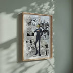 Video of the Vinsmoke Sanji manga poster inspired by One Piece in a light wood frame on a sage green wall