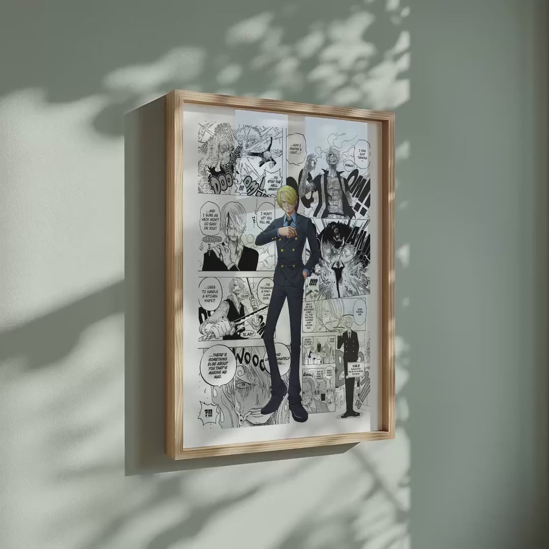 Video of the Vinsmoke Sanji manga poster inspired by One Piece in a light wood frame on a sage green wall