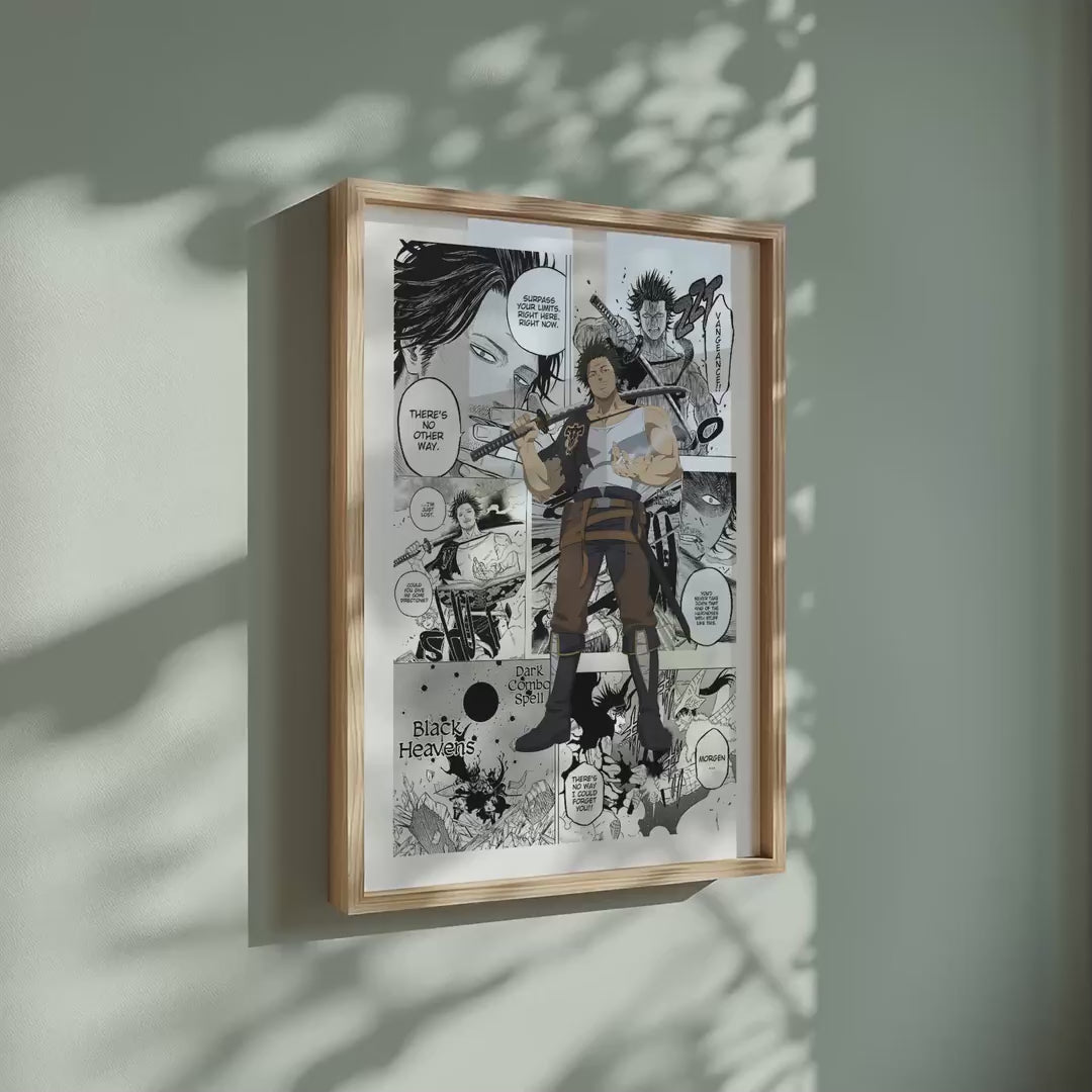 Video of the Yami Sukehiro manga poster inspired by Black Clover in a light wood frame on a sage green wall