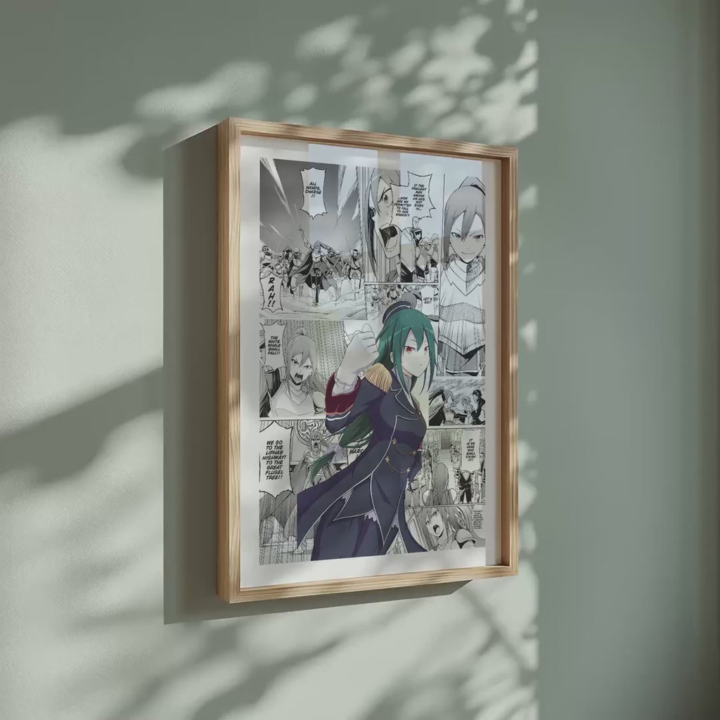 Video of the Crusch Karsten manga poster inspired by Re:Zero in a light wood frame on a sage green wall
