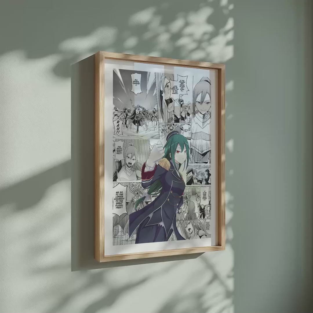 Video of the Crusch Karsten manga poster inspired by Re:Zero in a light wood frame on a sage green wall