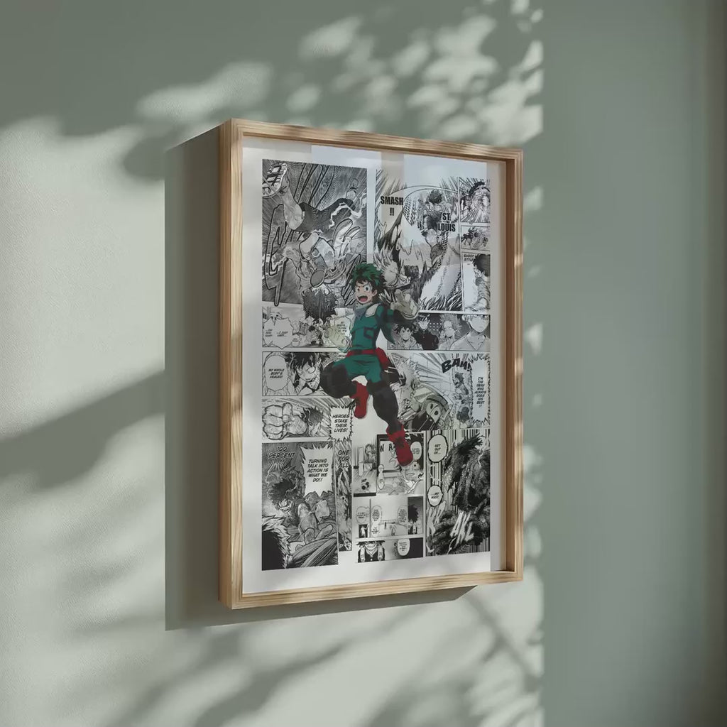 Video of the Izuku Midoriya manga poster inspired by My Hero Academia in a light wood frame on a sage green wall
