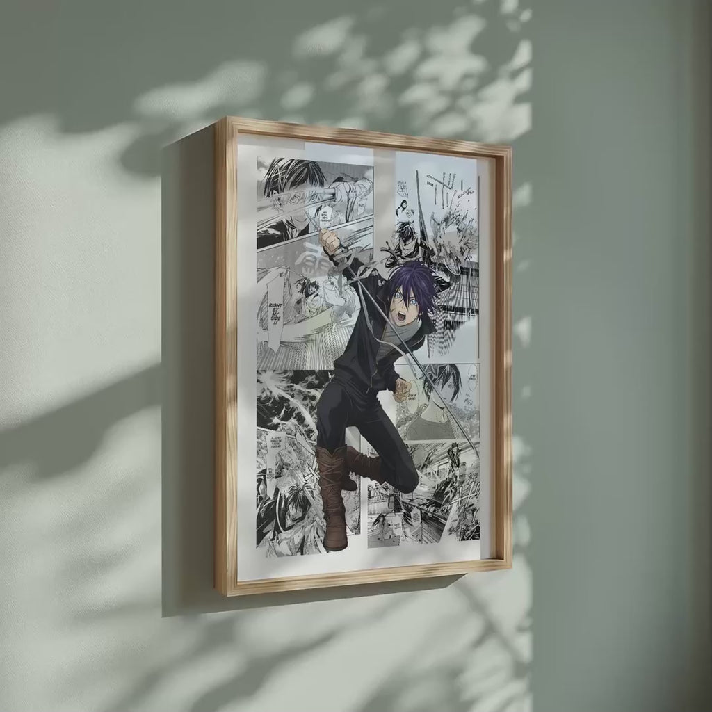 Video of the Yato manga poster inspired by Noragami in a light wood frame on a sage green wall