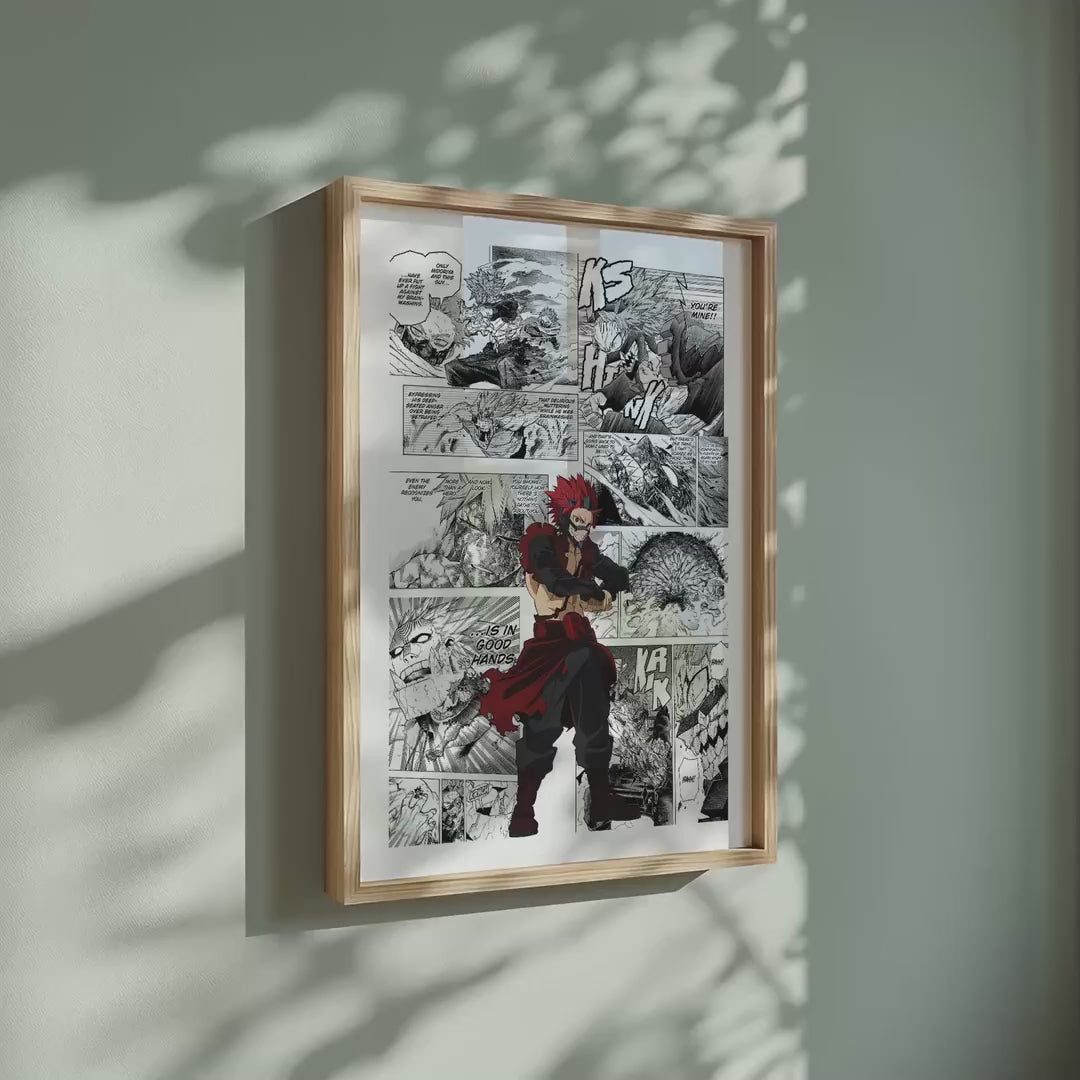 Video of the Eijiro Kirishima manga poster inspired by My Hero Academia in a light wood frame on a sage green wall