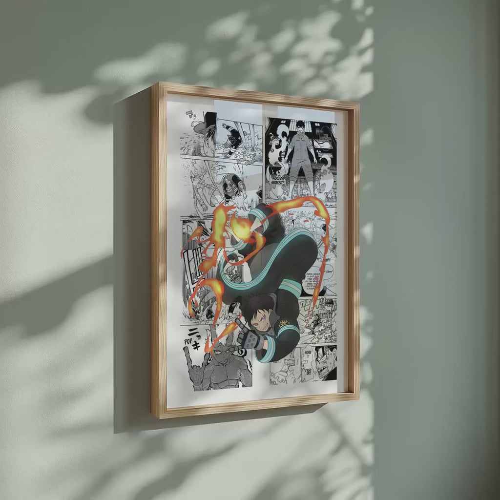 Video of the Shinra Kusakabe manga poster inspired by Fire Force in a light wood frame on a sage green wall