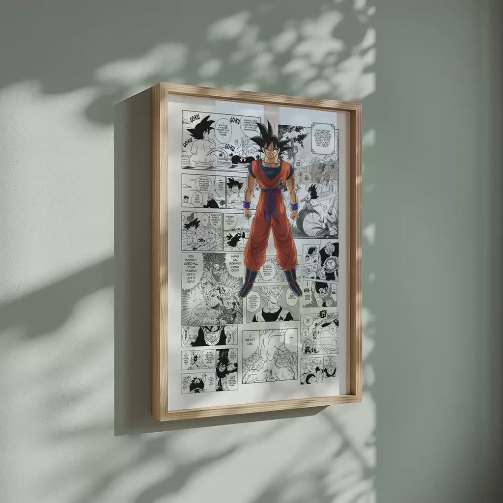 Video of the Son Goku manga poster inspired by Dragon Ball in a light wood frame on a sage green wall