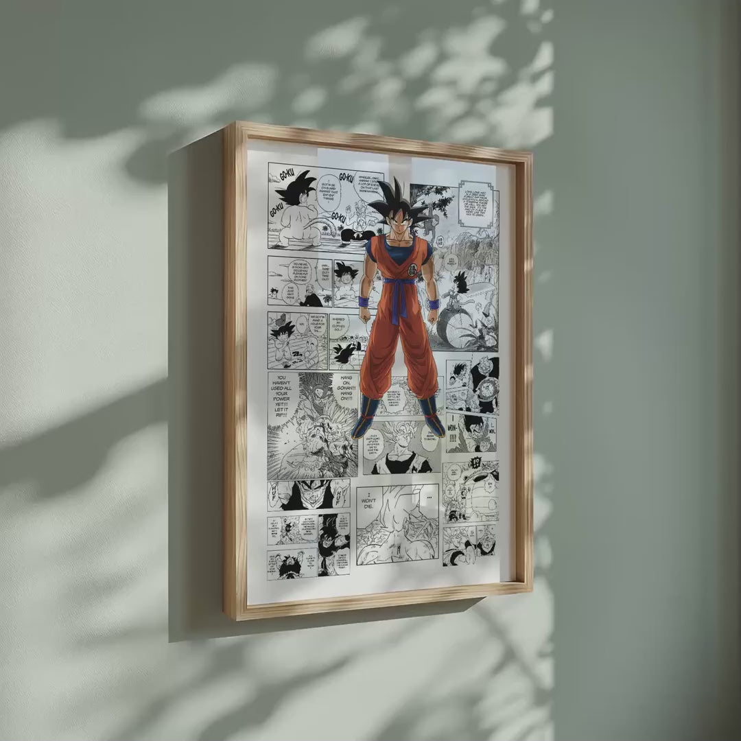 Video of the Son Goku manga poster inspired by Dragon Ball in a light wood frame on a sage green wall
