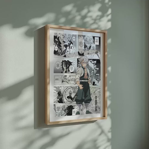 Video of the Sanemi Shinazugawa manga poster inspired by Demon Slayer in a light wood frame on a sage green wall