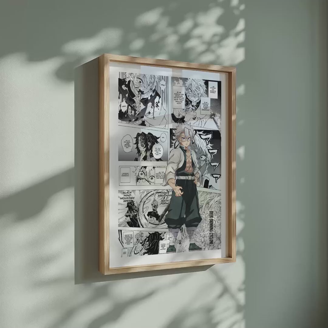 Video of the Sanemi Shinazugawa manga poster inspired by Demon Slayer in a light wood frame on a sage green wall