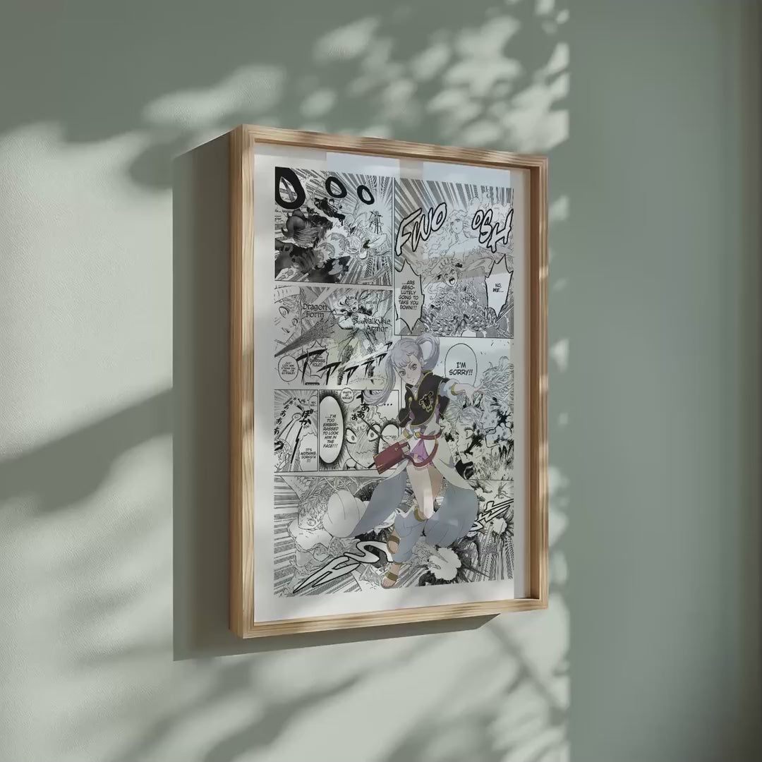 Video of the Noelle Silva manga poster inspired by Black Clover in a light wood frame on a sage green wall