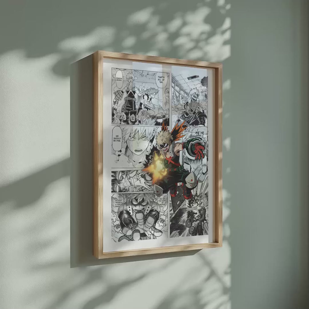Video of the Katsuki Bakugo manga poster inspired by My Hero Academia in a light wood frame on a sage green wall