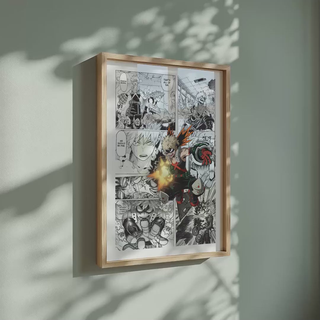 Video of the Katsuki Bakugo manga poster inspired by My Hero Academia in a light wood frame on a sage green wall