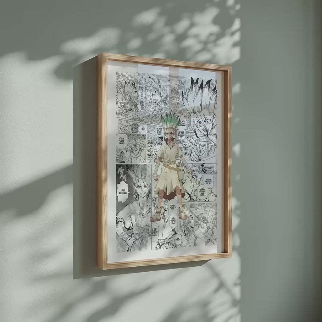 Video of the Senku Ishigami manga poster inspired by Dr. Stone in a light wood frame on a sage green wall