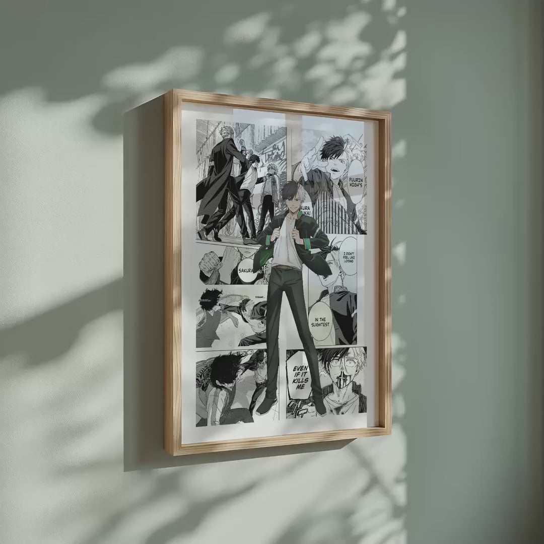 Video of the Haruka Sakura manga poster inspired by Wind Breaker in a light wood frame on a sage green wall