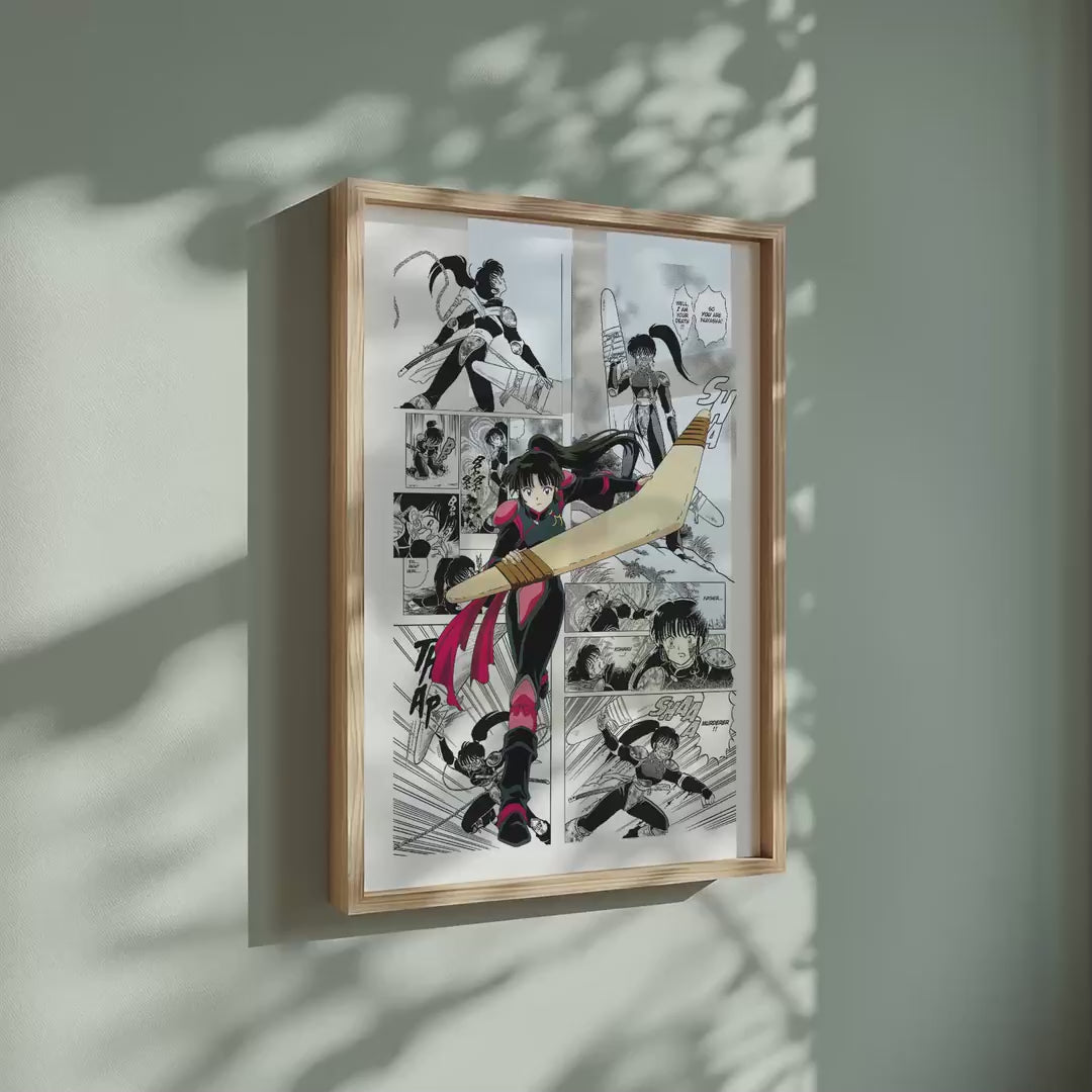 Video of the Sango manga poster inspired by Inuyasha in a light wood frame on a sage green wall