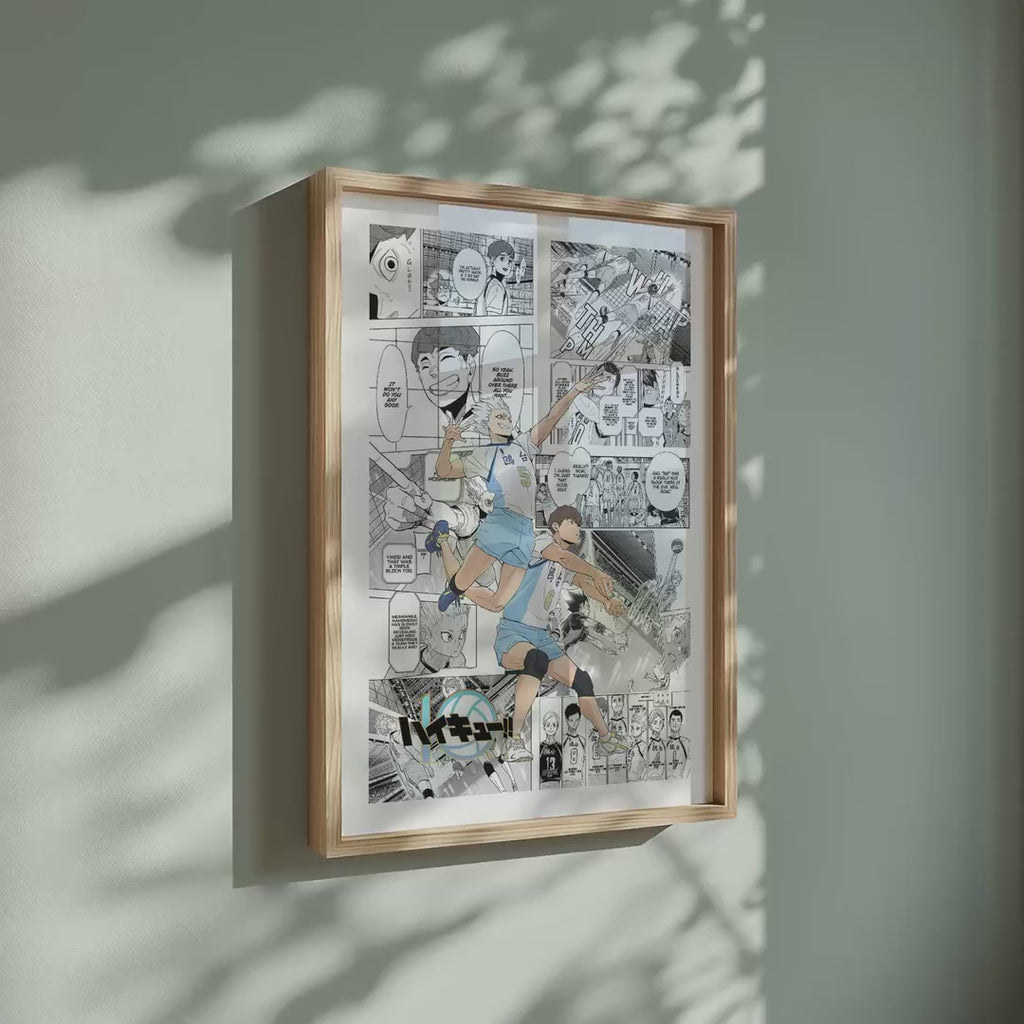 Video of the Kamomedai High manga poster inspired by Haikyu!! in a light wood frame on a sage green wall