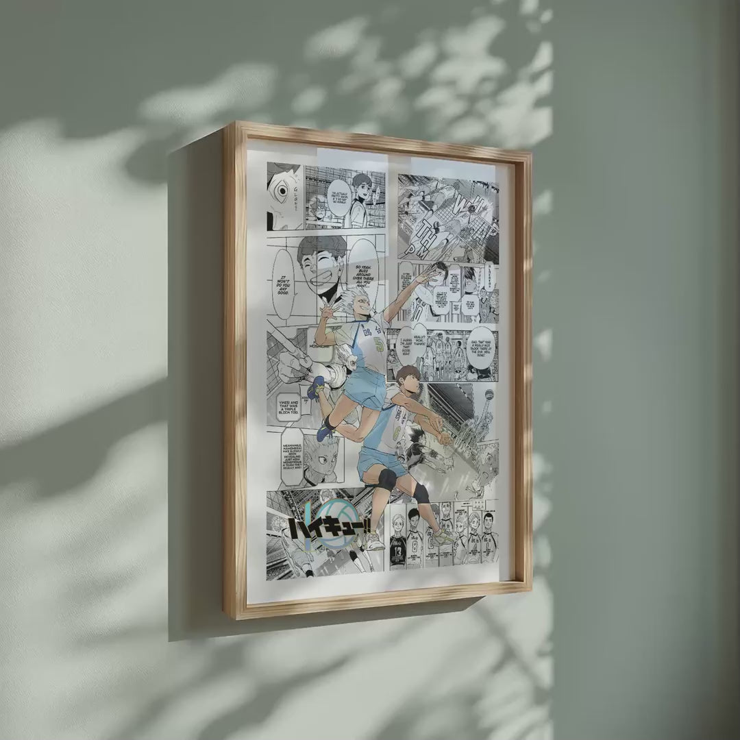 Video of the Kamomedai High manga poster inspired by Haikyu!! in a light wood frame on a sage green wall