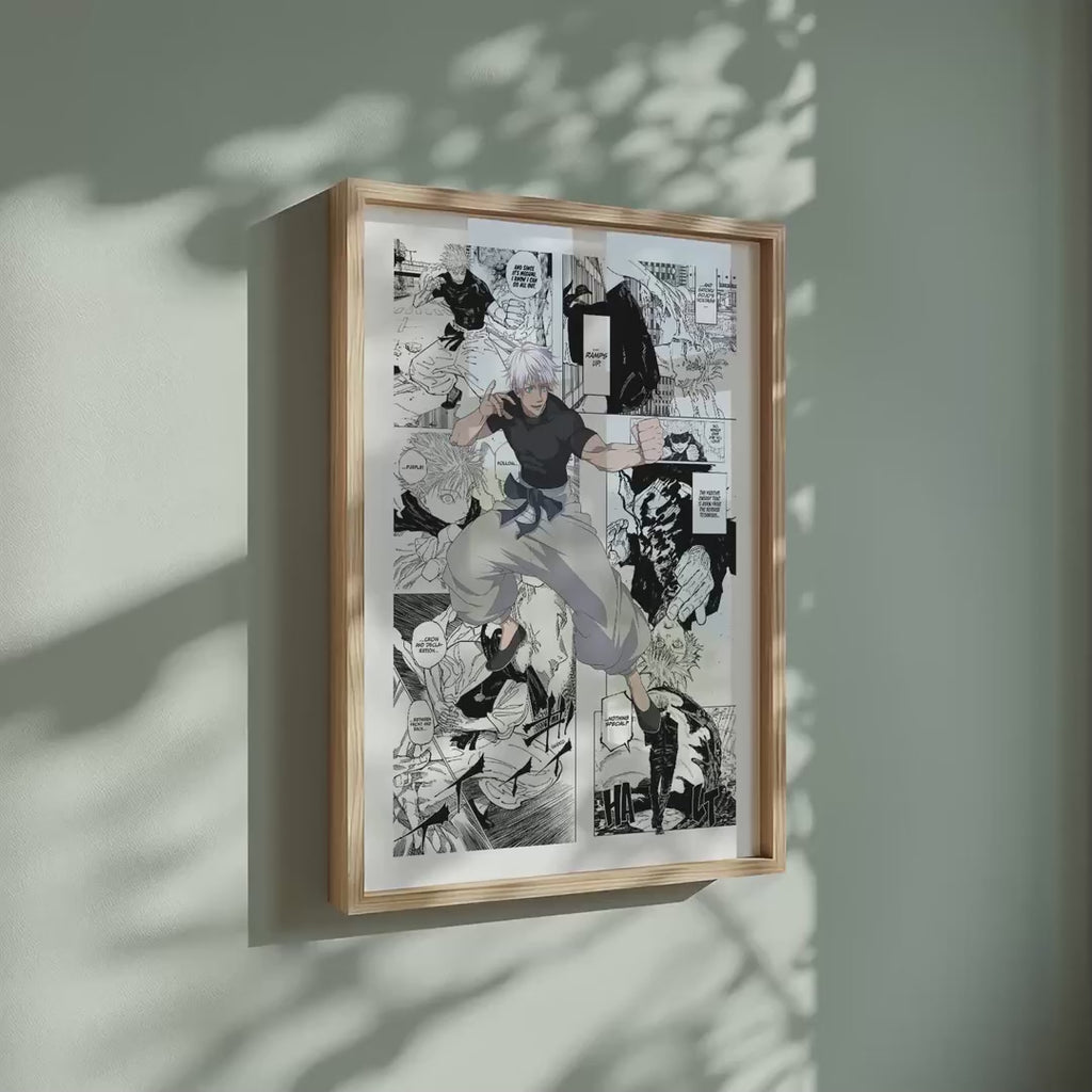 Video of the Satoru Gojo Shinjuku Showdown manga poster inspired by Jujutsu Kaisen in a light wood frame on a sage green wall