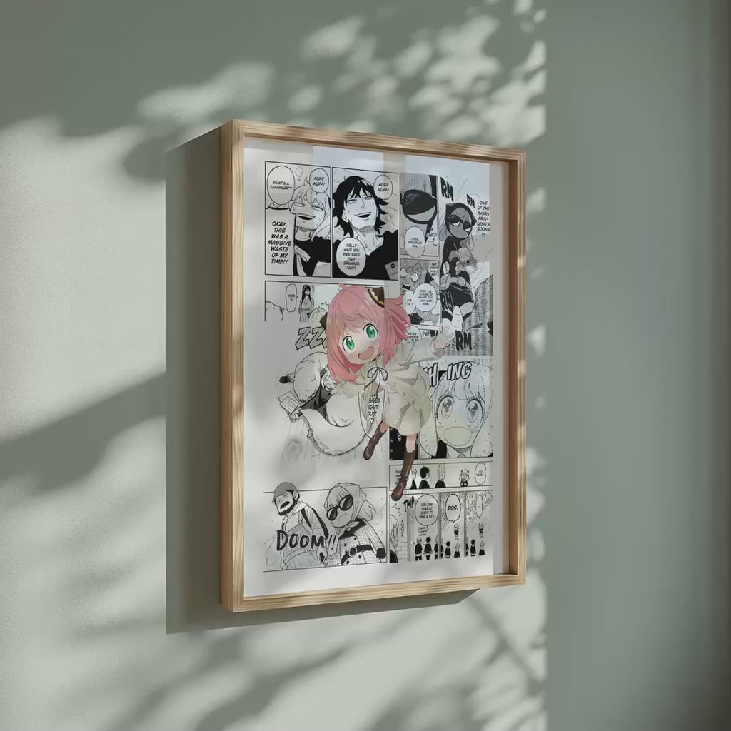 Video of the Anya Forger manga poster inspired by Spy x Family in a light wood frame on a sage green wall
