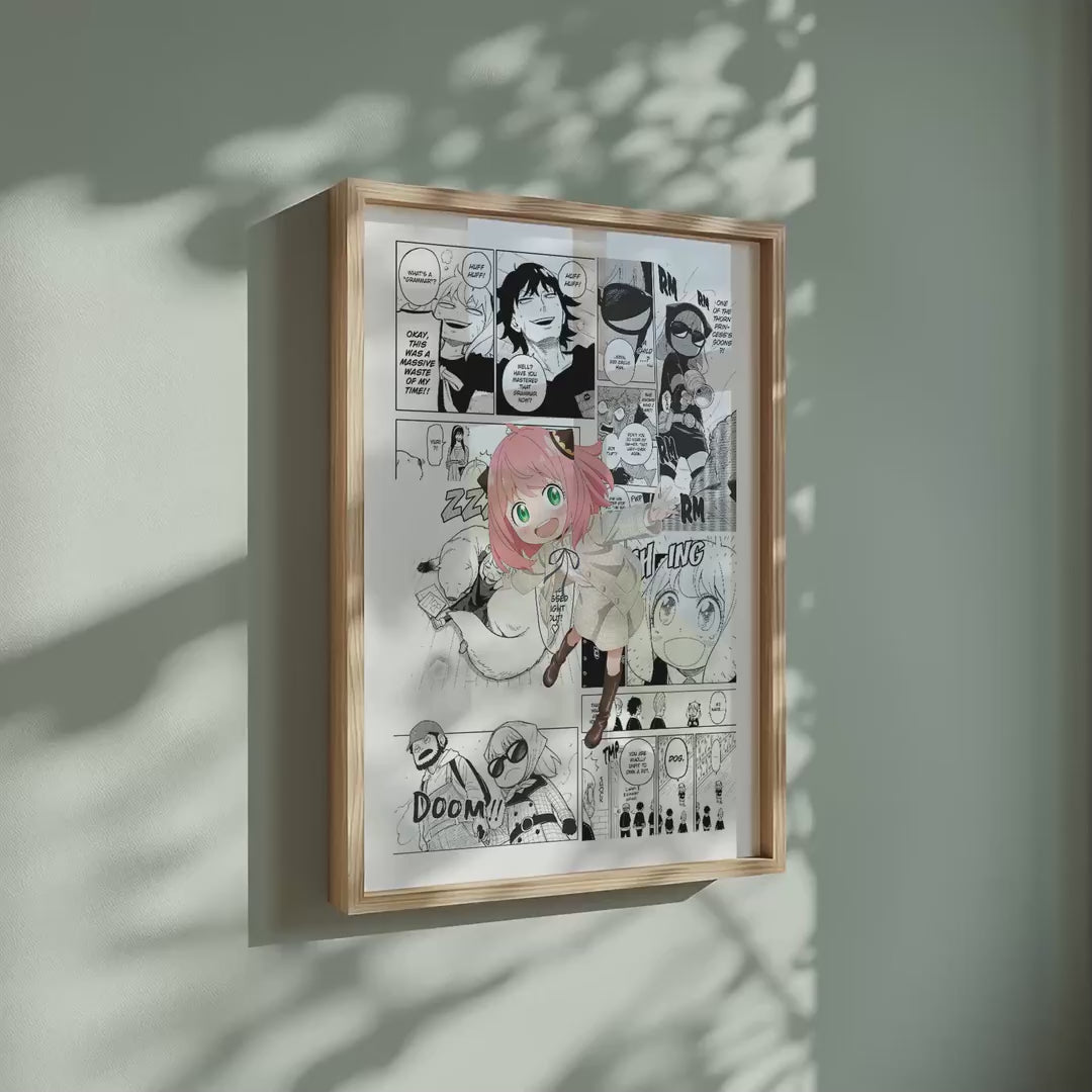 Video of the Anya Forger manga poster inspired by Spy x Family in a light wood frame on a sage green wall
