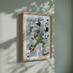 Video of the Might Guy manga poster inspired by Naruto in a light wood frame on a sage green wall