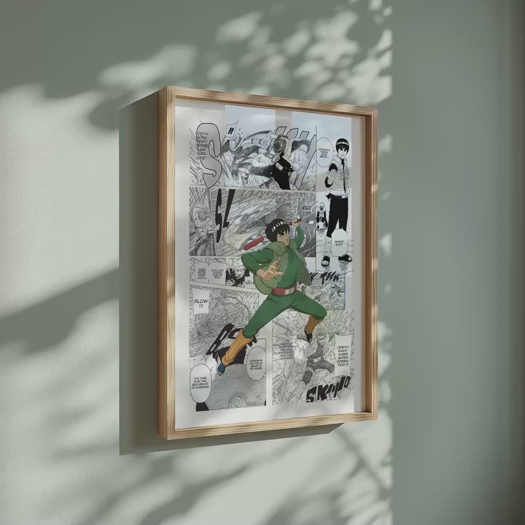 Video of the Might Guy manga poster inspired by Naruto in a light wood frame on a sage green wall