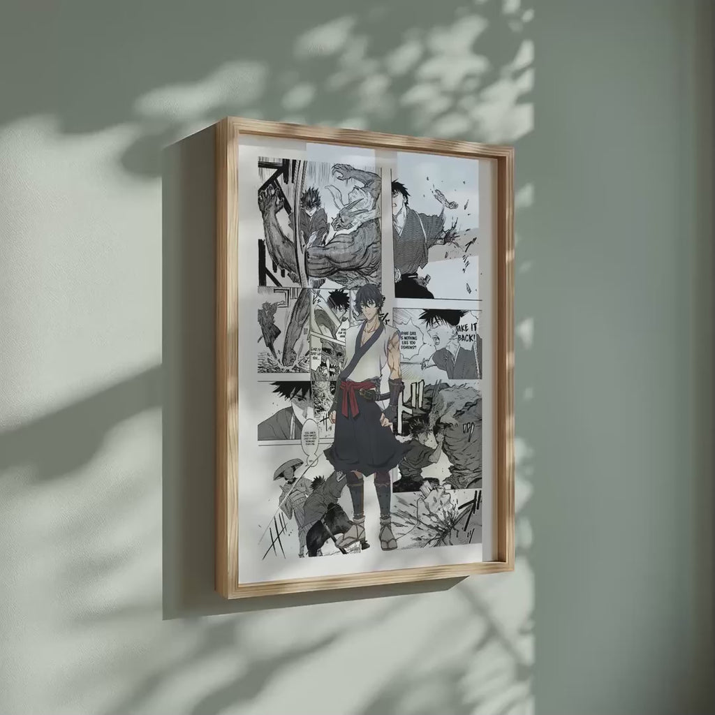 Video of the Jinta manga poster inspired by Sword of the Demon Hunter: Kijin Gentosho in a light wood frame on a sage green wall