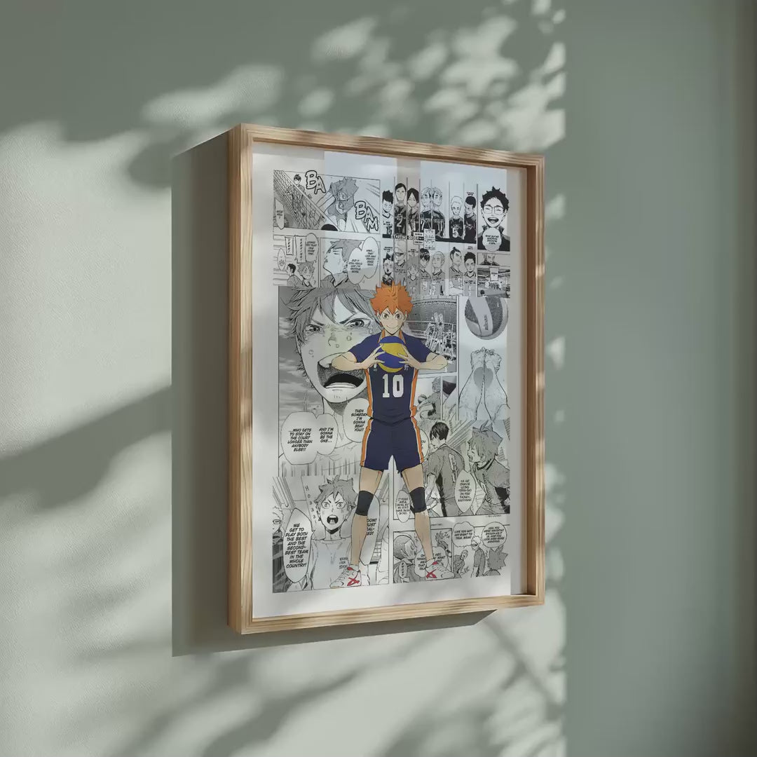 Video of the Shoyo Hinata manga poster inspired by Haikyu!! in a light wood frame on a sage green wall