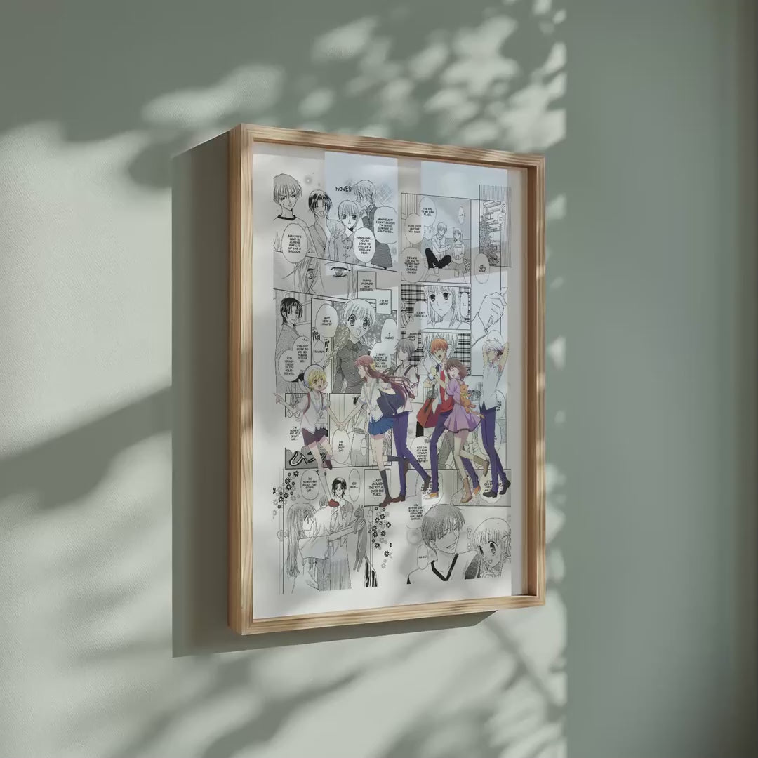 Video of the Tohru Honda and the Sohma Family manga poster inspired by Fruits Basket in a light wood frame on a sage green wall