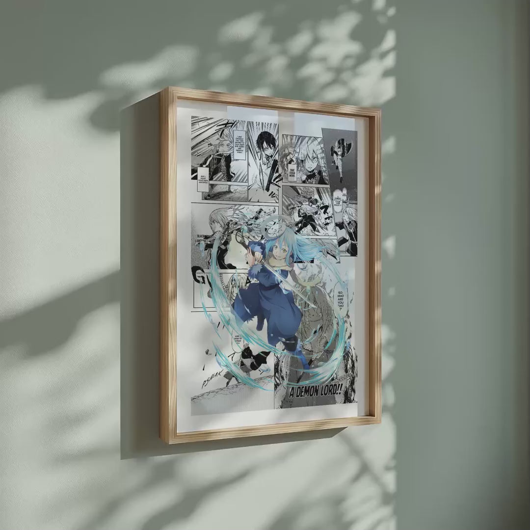 Video of the Rimuru Tempest manga poster inspired by That Time I Got Reincarnated as a Slime in a light wood frame on a sage green wall
