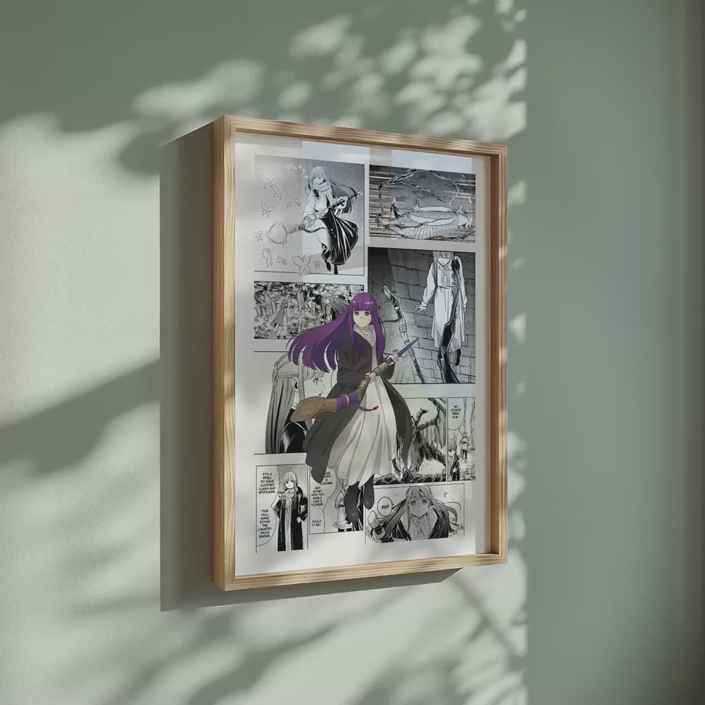 Video of the Fern manga poster inspired by Frieren in a light wood frame on a sage green wall