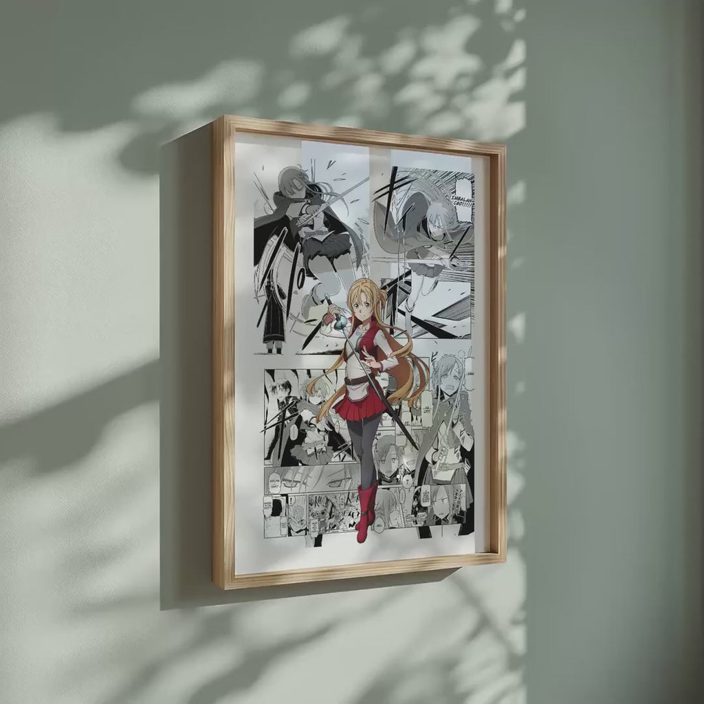 Video of the Asuna Yuuki manga poster inspired by Sword Art Online in a light wood frame on a sage green wall