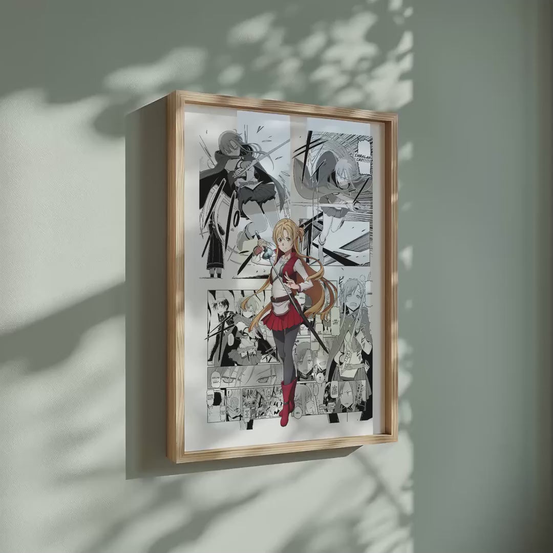 Video of the Asuna Yuuki manga poster inspired by Sword Art Online in a light wood frame on a sage green wall