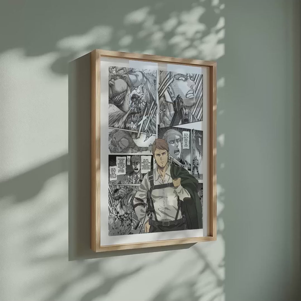 Video of the Jean Kirstein manga poster inspired by Attack on Titan in a light wood frame on a sage green wall