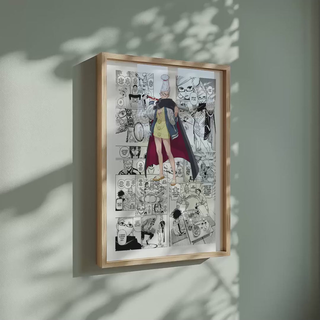 Video of the Seiko Ayase manga poster inspired by Dandadan in a light wood frame on a sage green wall