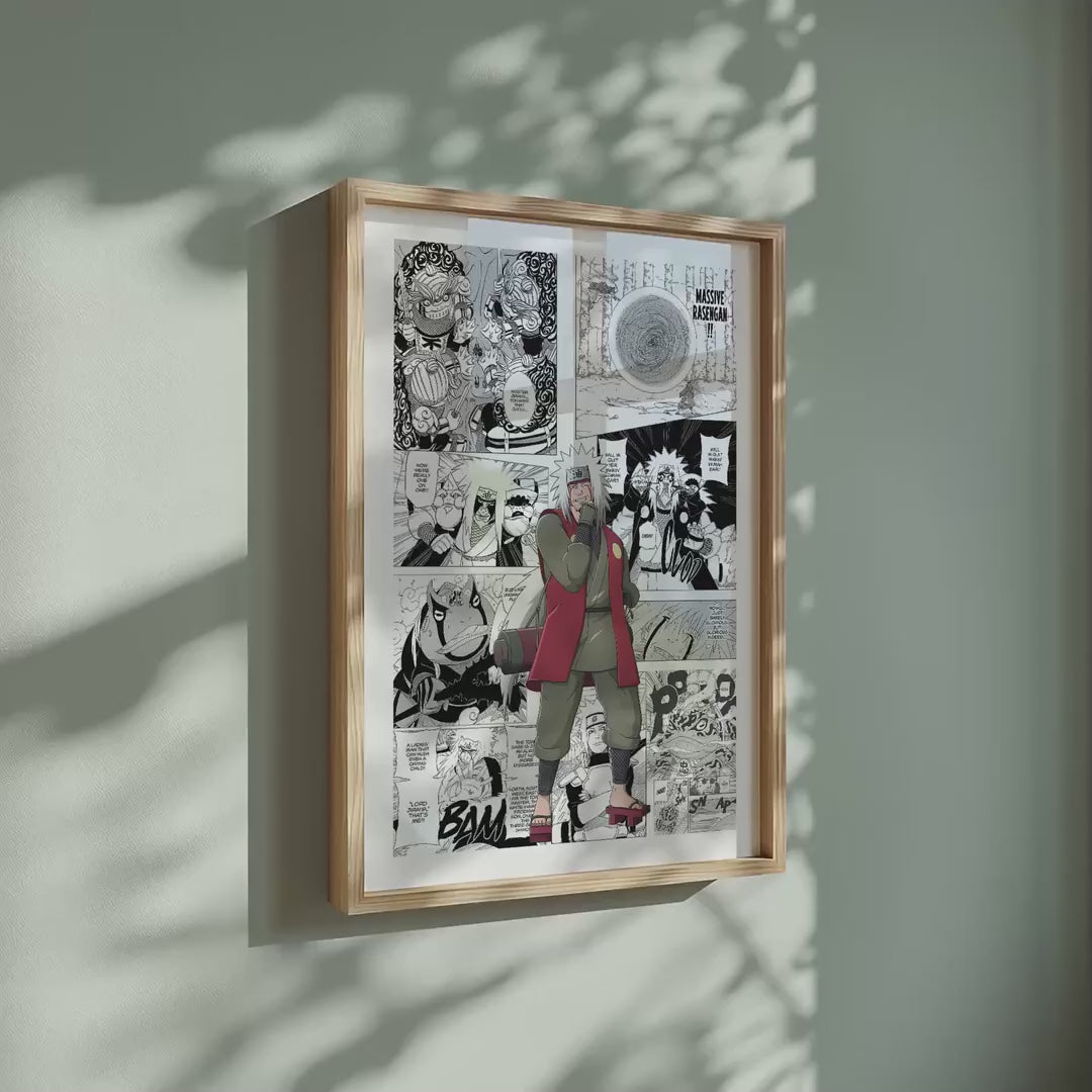Video of the Jiraiya manga poster inspired by Naruto in a light wood frame on a sage green wall