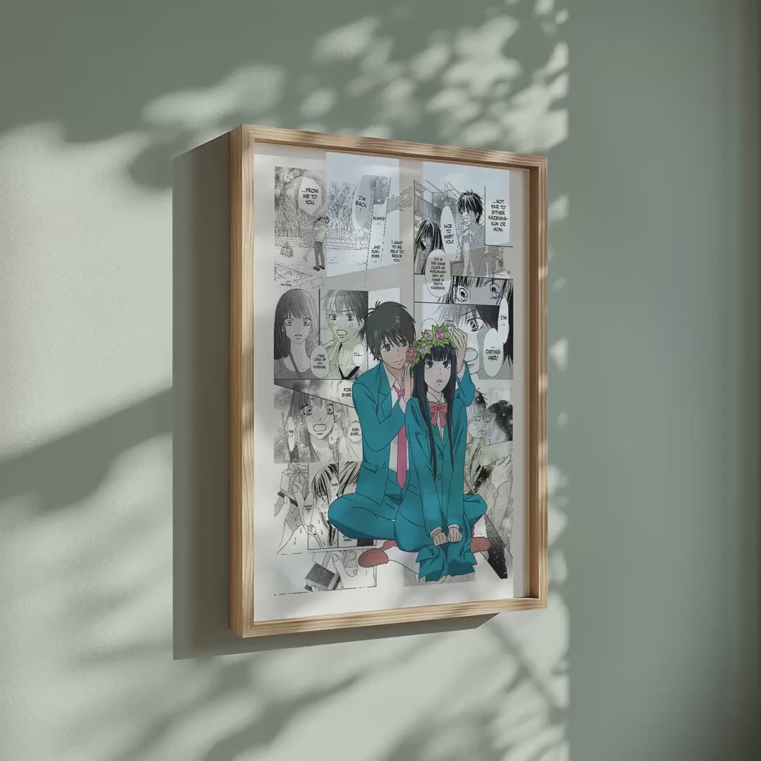 Video of the Sawako Kuronuma and Shota Kazehaya manga poster inspired by Kimi ni Todoke: From Me to You in a light wood frame on a sage green wall