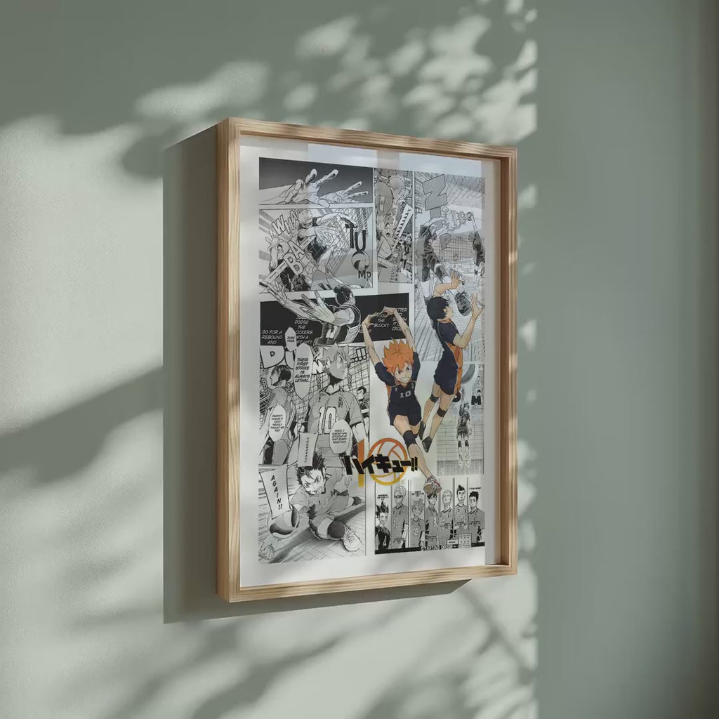 Video of the Karasuno High manga poster inspired by Haikyu!! in a light wood frame on a sage green wall