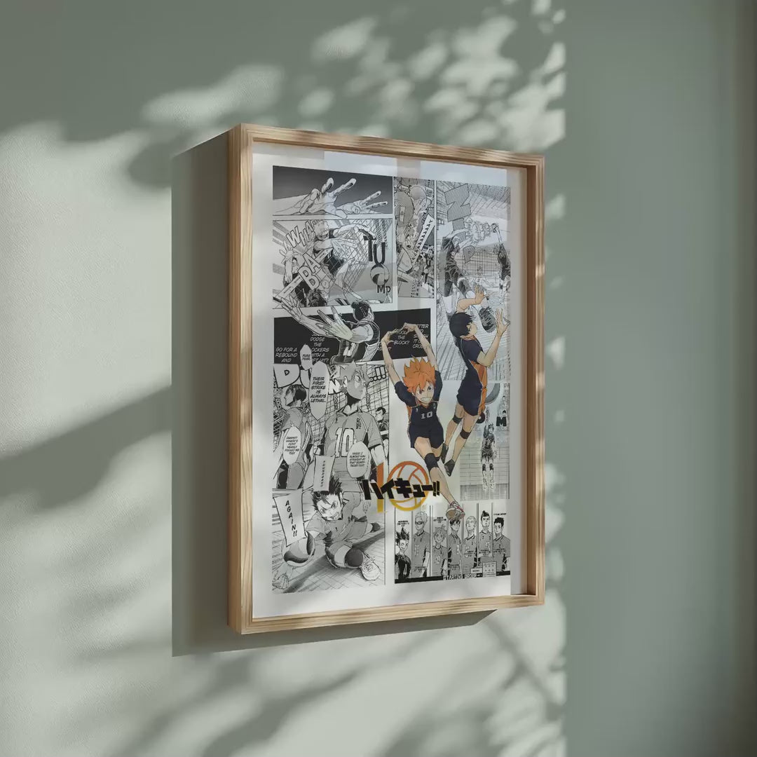 Video of the Karasuno High manga poster inspired by Haikyu!! in a light wood frame on a sage green wall