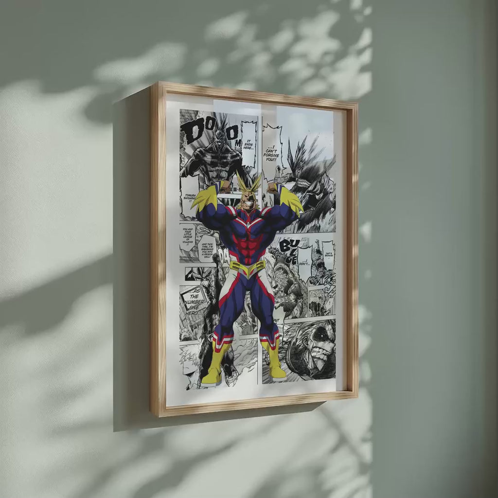 Video of the All Might manga poster inspired by My Hero Academia in a light wood frame on a sage green wall