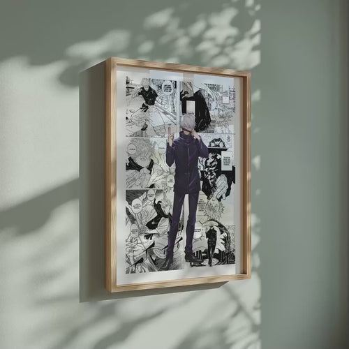 Video of the Satoru Gojo manga poster inspired by Jujutsu Kaisen in a light wood frame on a sage green wall