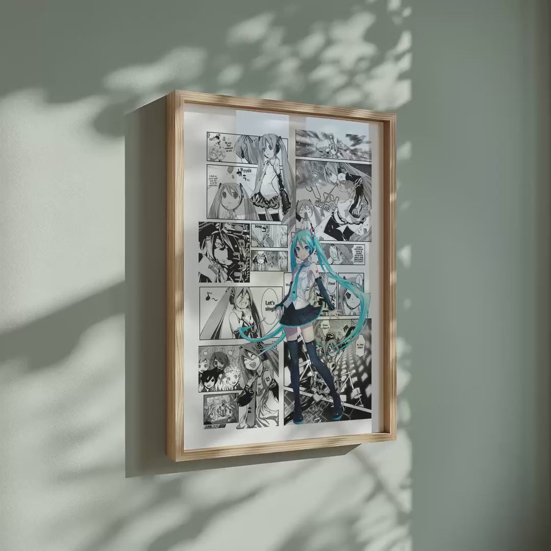 Video of the Hatsune Miku manga poster inspired by Vocaloid in a light wood frame on a sage green wall