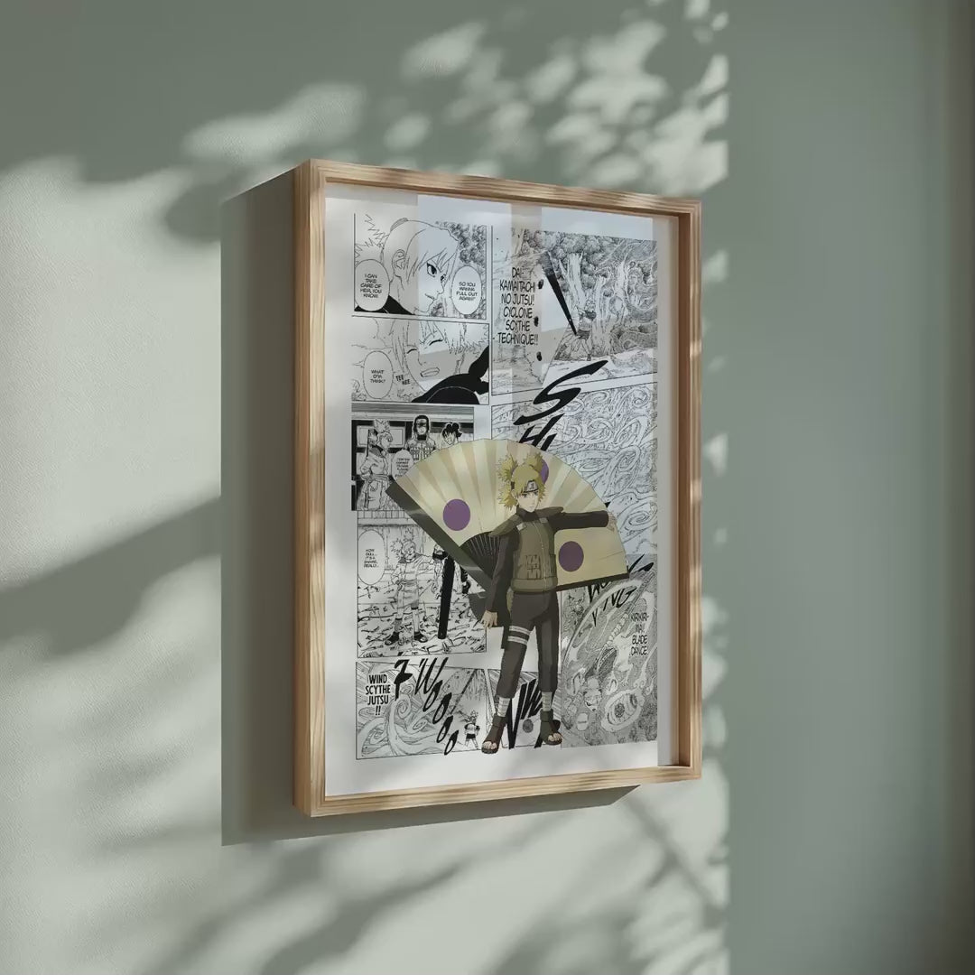 Video of the Temari manga poster inspired by Naruto in a light wood frame on a sage green wall