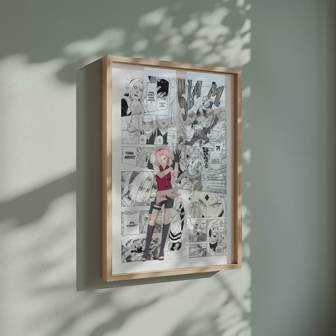 Video of the Sakura Haruno manga poster inspired by Naruto in a light wood frame on a sage green wall