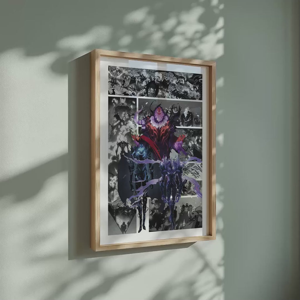Video of the Shadow Army manga poster inspired by Solo Leveling in a light wood frame on a sage green wall