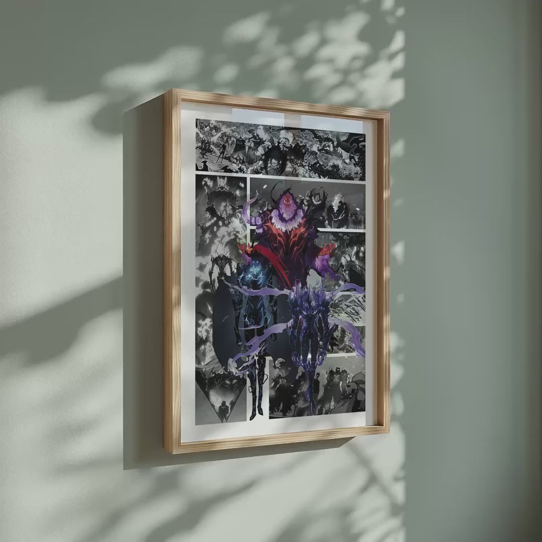 Video of the Shadow Army manga poster inspired by Solo Leveling in a light wood frame on a sage green wall