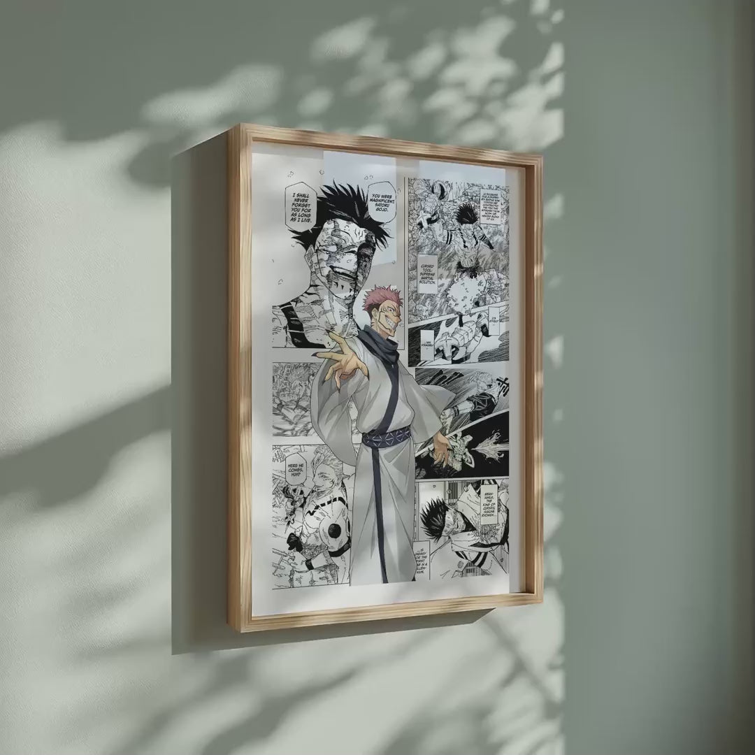 Video of the Ryomen Sukuna manga poster inspired by Jujutsu Kaisen in a light wood frame on a sage green wall