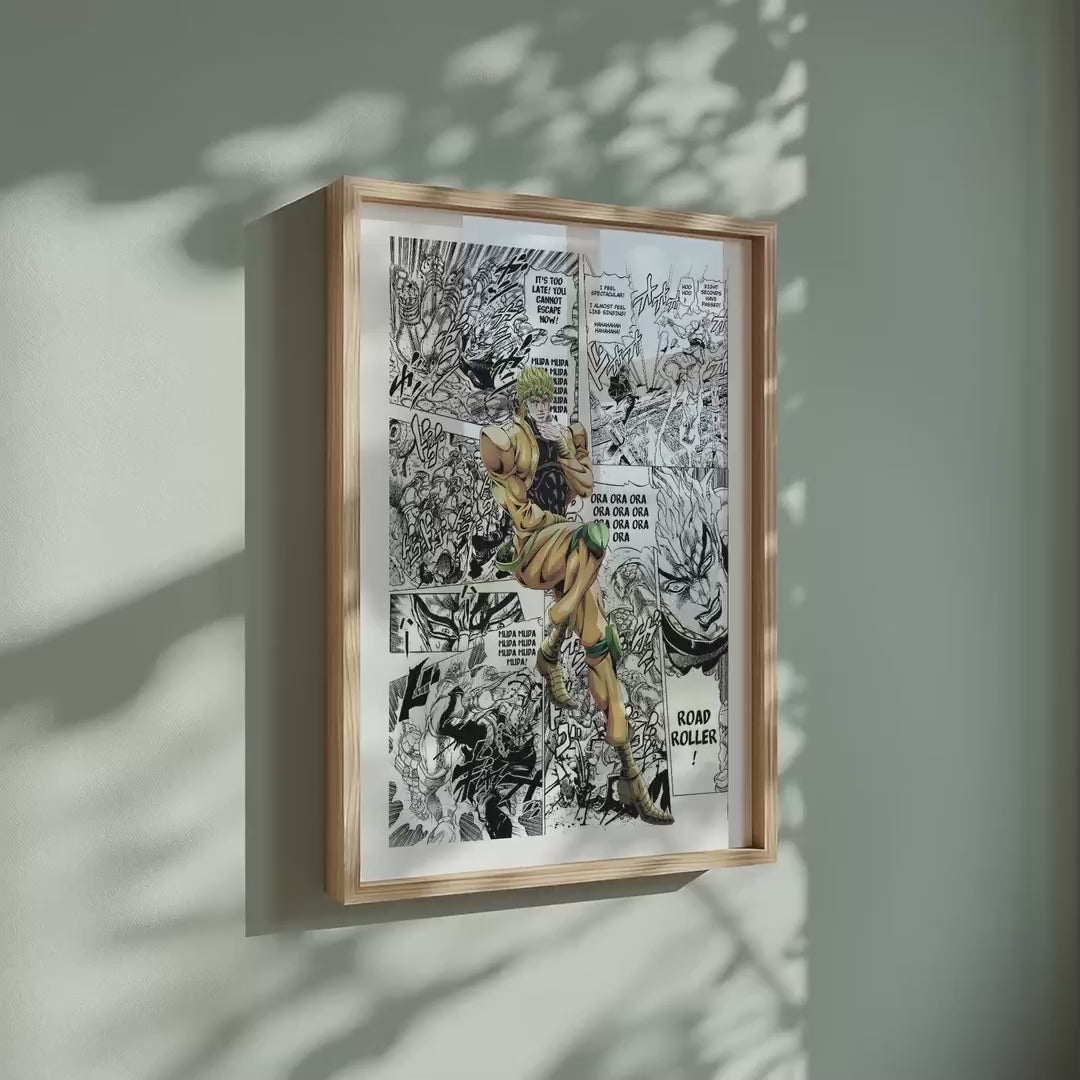 Video of the Dio Brando manga poster inspired by JoJo's Bizarre Adventure in a light wood frame on a sage green wall