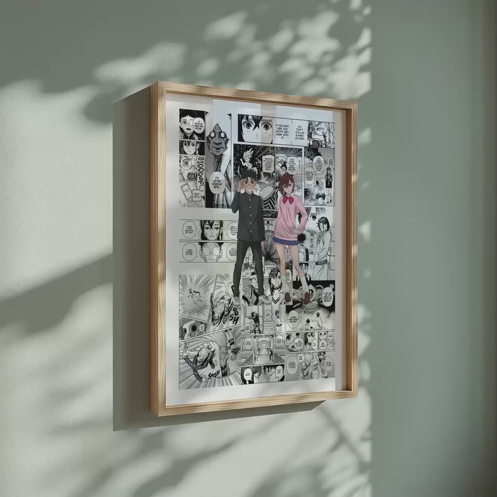 Video of the Momo and Okarun manga poster inspired by Dandadan in a light wood frame on a sage green wall
