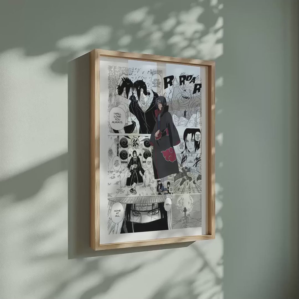 Video of the Itachi Uchiha manga poster inspired by Naruto in a light wood frame on a sage green wall